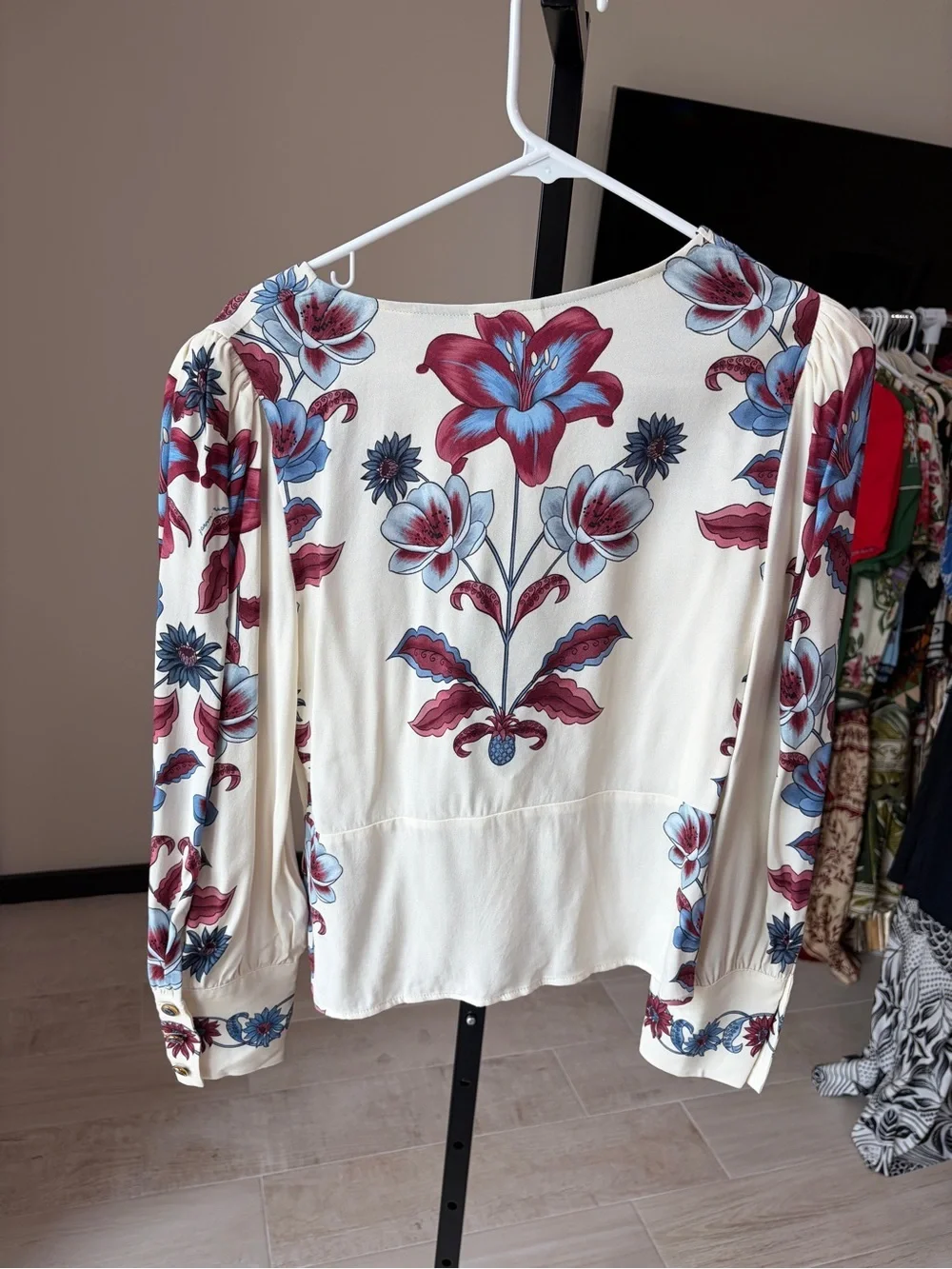 Floral V-Neck Button-Front Blouse - Cream with Blue & Red Bloom